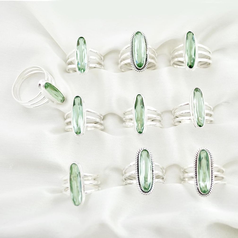 Wholesale lot of 10 natural green amethyst 925 silver long rings (size 6-10)